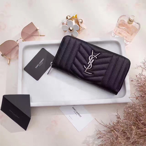 입생로랑 17S/S 지퍼 라운드 장지갑 358094 램스킨 블랙 빈티지 은장