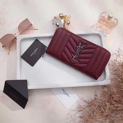 입생로랑 17S/S 지퍼 라운드 장지갑 358094 램스킨 버건디 은장