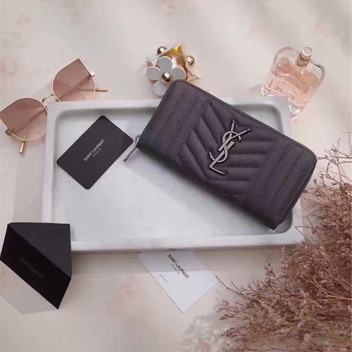 입생로랑 17S/S 지퍼 라운드 장지갑 358094 램스킨 그레이 은장