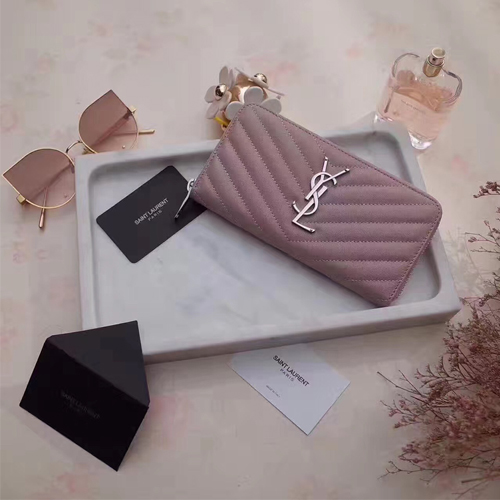 입생로랑 17S/S 지퍼 라운드 장지갑 358094 램스킨 핑크 은장